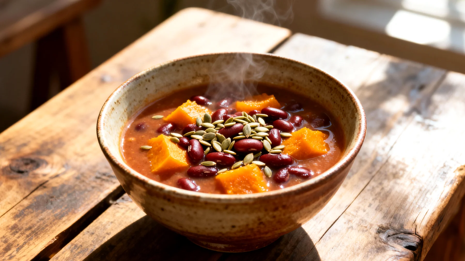Zuppa di azuki e zucca con semi di canapa"