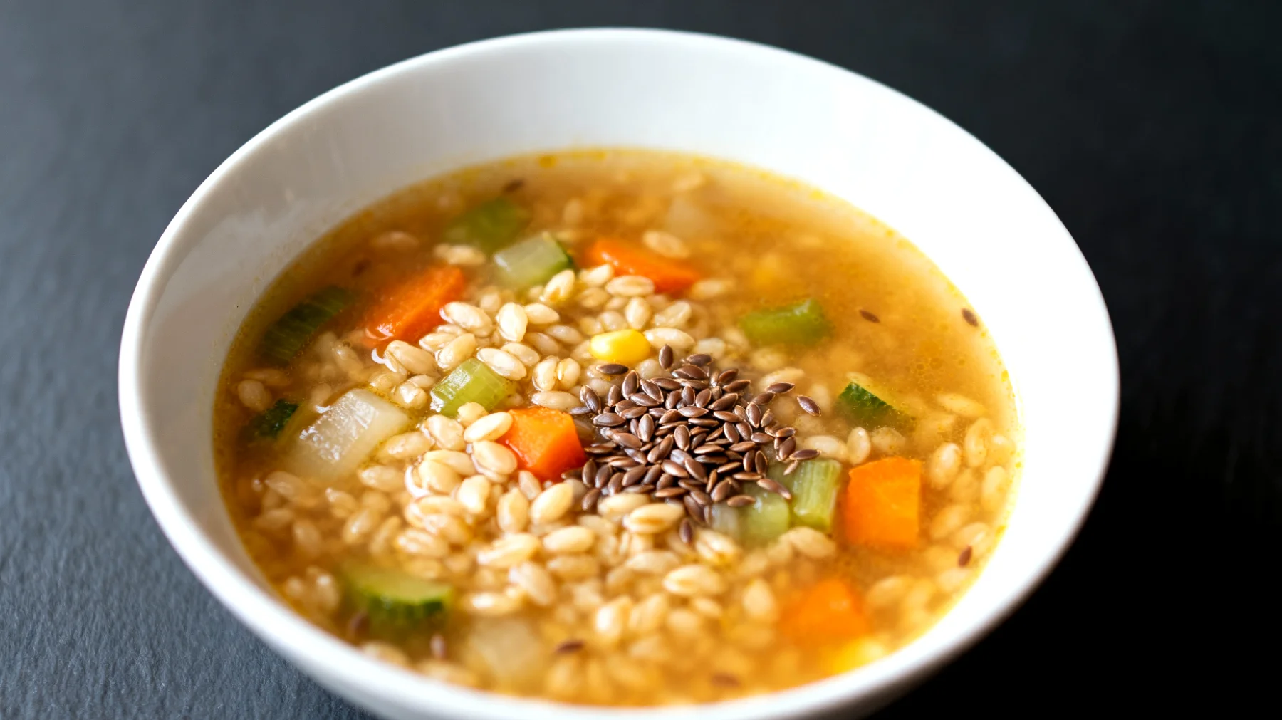 Zuppa di orzo perlato con verdure fermentate e semi di lino"